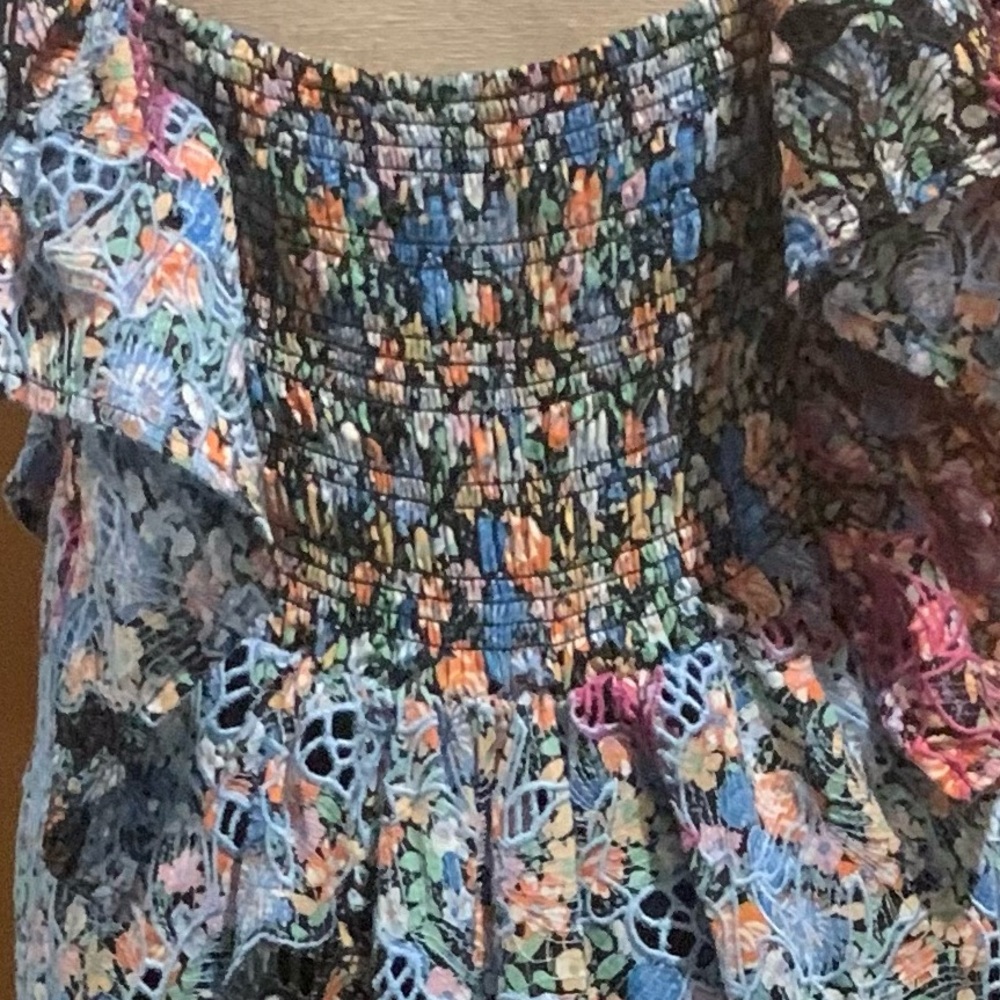 Anthropologie Blue Black Pink Floral Embroidery Ruffle Eyelet Lined Maxi Dress - Picture 8 of 16